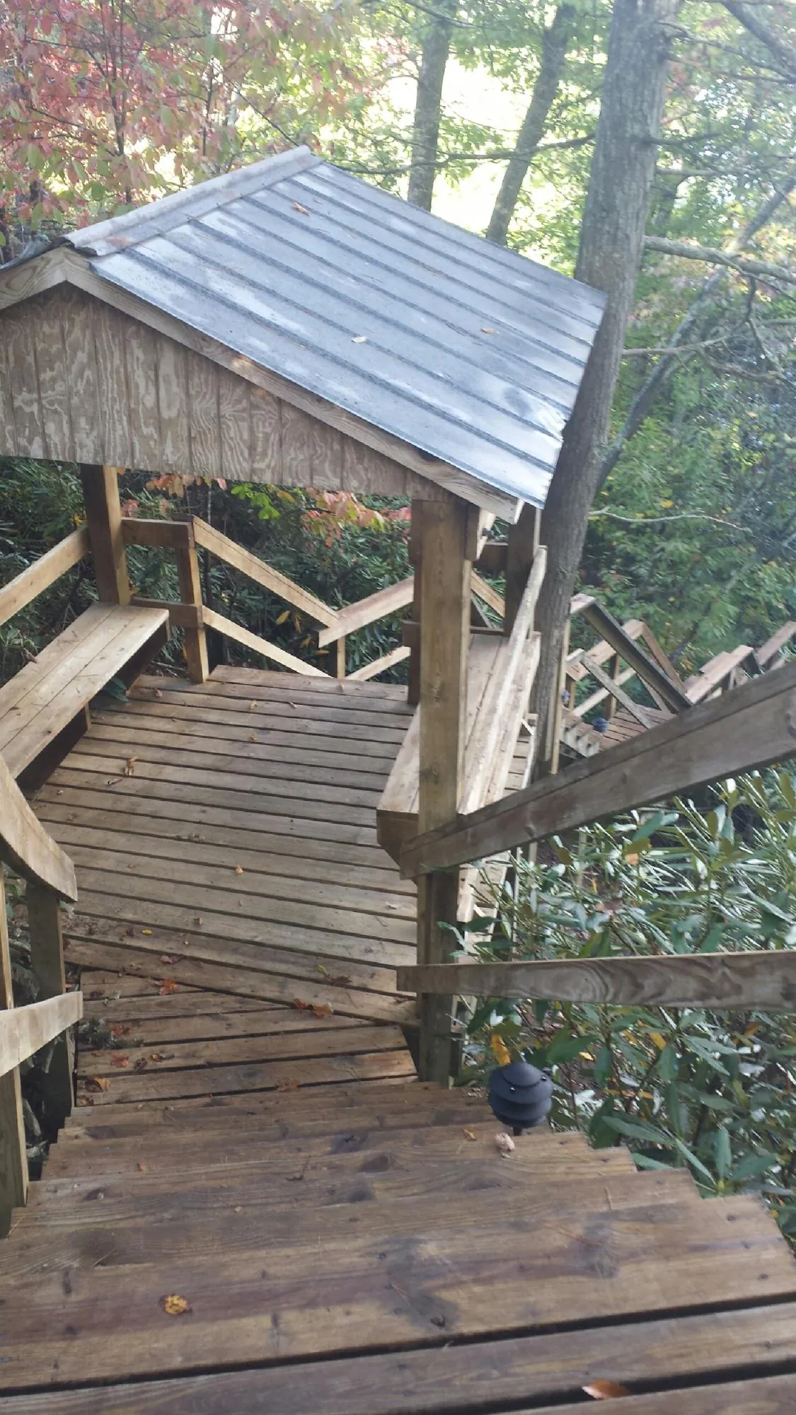 Metal roofed shelter over wooden steps on a wooded walkway — Skylight Repair & Installation work by our crew in Yoncalla